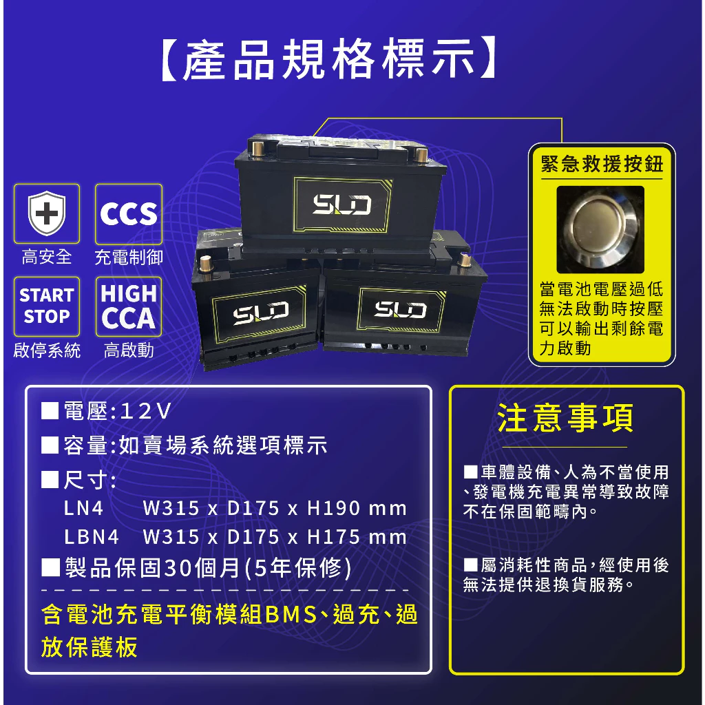 SLD 磷酸鋰鐵電池 歐規LBN4 LN4 汽車電瓶 怠速熄火專用 保固30個月