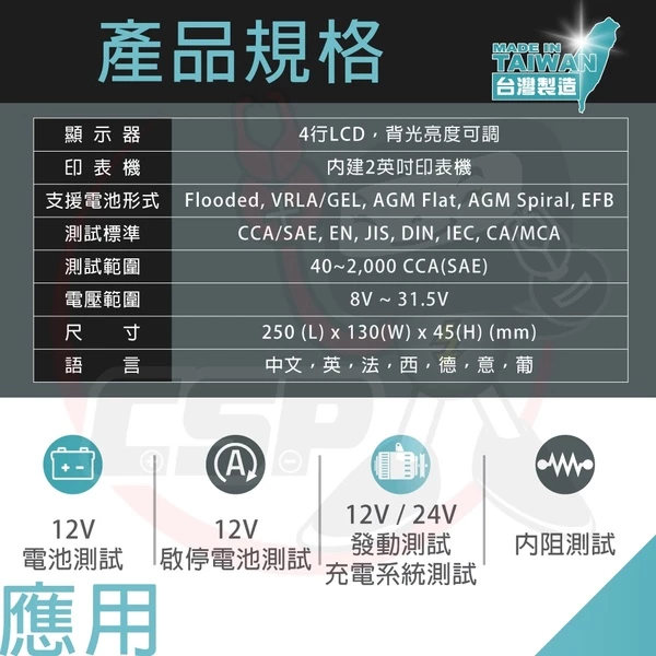 【CSP】BT-900電池及充電系統測試器 充電檢測器 系統檢測 汽車電池測試12V電池測試 電瓶 電池