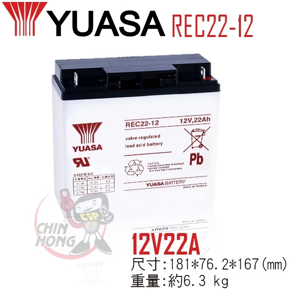 YUASA湯淺REC22-12閥調密閉式鉛酸電池 12V22AH 電動自行車 釣魚捲線器 UPS不斷電系統