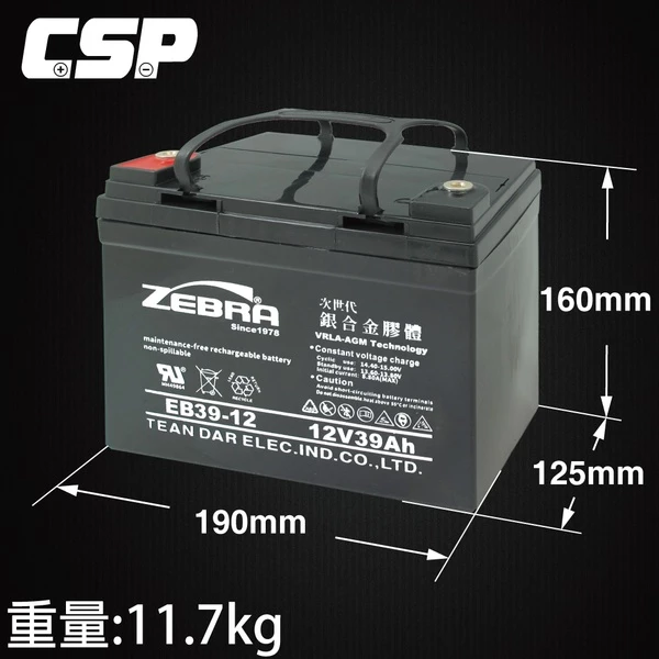 【ZEBRA斑馬】EB39-12 銀合金膠體電池12V39Ah電動車電瓶 電動輪椅 U1-36NE EVH12390