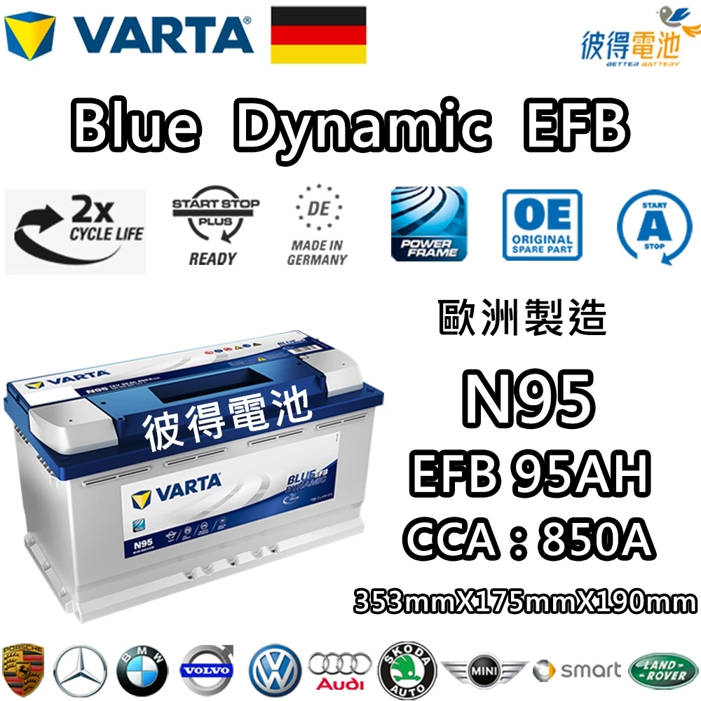 德國VARTA華達 N95 EFB 95AH LN5汽車電瓶 怠速熄火車 Start-Stop 德國進口歐洲製造