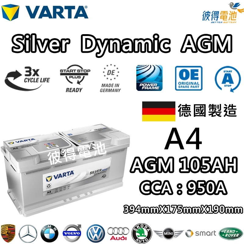 德國VARTA華達 A4 H15 AGM 105AH LN6汽車電瓶 怠速熄火車 Start-Stop 德國製造電池