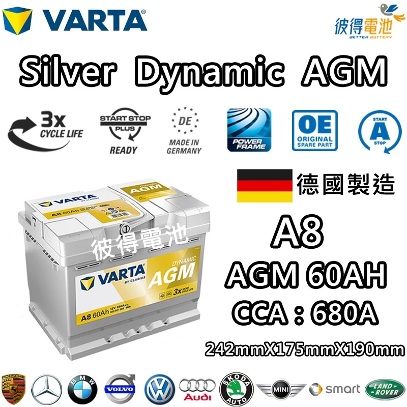 德國VARTA華達 A8 D52 AGM 60AH LN2汽車電瓶 怠速熄火車 Start-Stop 德國製造電池