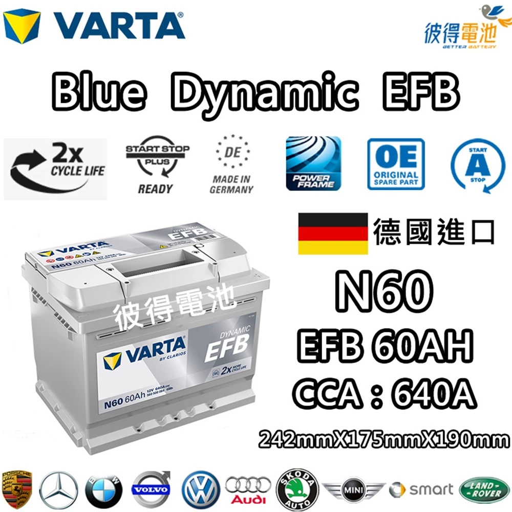 德國VARTA華達 N60 EFB 60AH LN2汽車電瓶 怠速熄火車 Start-Stop 德國進口歐洲製造