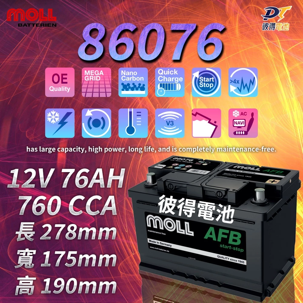 MOLL 86076 Start-Stop AFB電瓶 高性能 12V 76AH 760CCA 免加水汽車電池 德國製造
