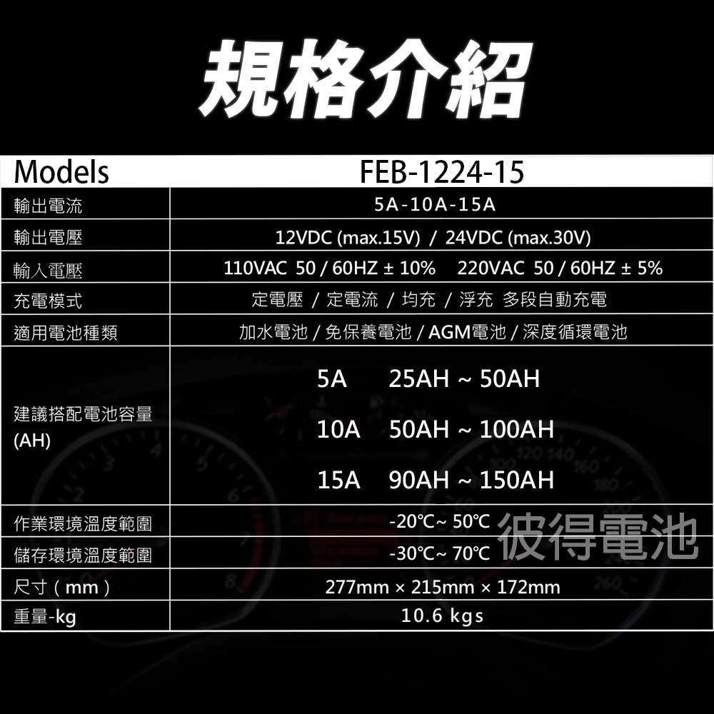 麻新電子 FEB-1224-15 12/24V可切換 全自動式充電器 汽車 電池 雙電壓 充滿自停 一年保固