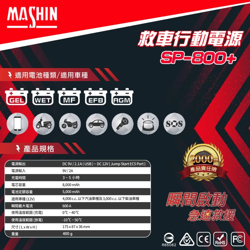 麻新電子 SP-800+ 救車行動電源 快充 QC3.0 汽柴油 救車行動電源 四片電芯設計 附帶LED燈照明