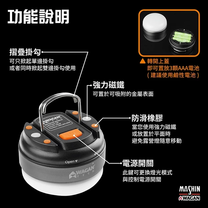美國WAGAN 磁吸式LED露營燈 電池式 短版(4301) 夜市燈 擺攤燈 戶外燈 工作燈 停電燈 帳篷燈 野營燈