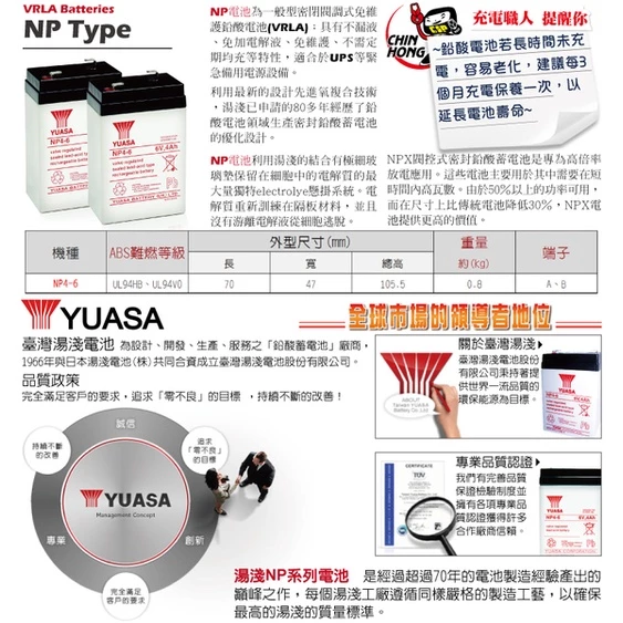 YUASA湯淺NP4-6 6V4Ah 兒童電動車/緊急照明燈/電子秤/手電筒/電子磅秤/電子秤 鉛酸電池(台灣製)