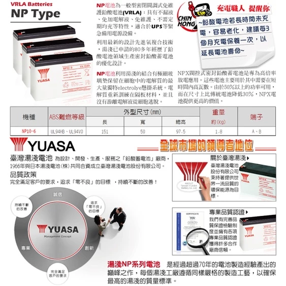 YUASA湯淺NP10-6閥調密閉式鉛酸電池 6V10AH 兒童電動車 玩具車 電子秤 照明燈 緊急照明燈(台灣製)