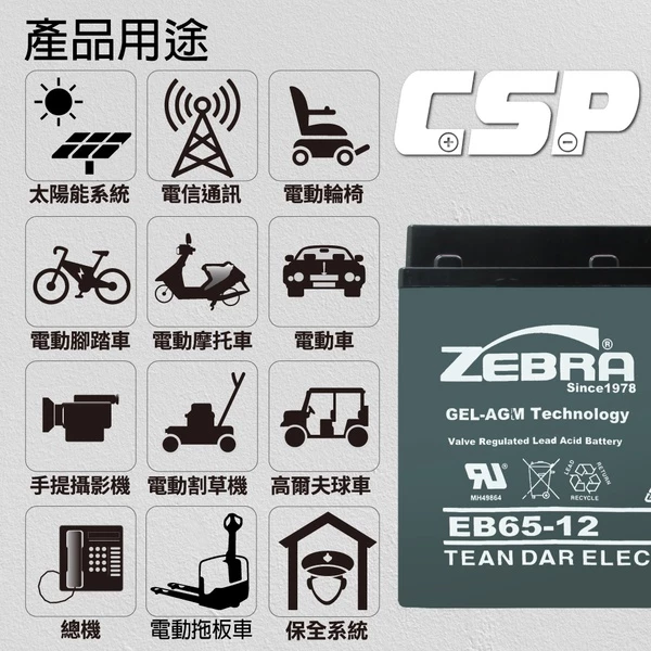 【ZEBRA斑馬】EB65-12 銀合金膠體電池12V65Ah電動車 電動機車 老人代步車 電動輪椅 更換電池 電池沒電