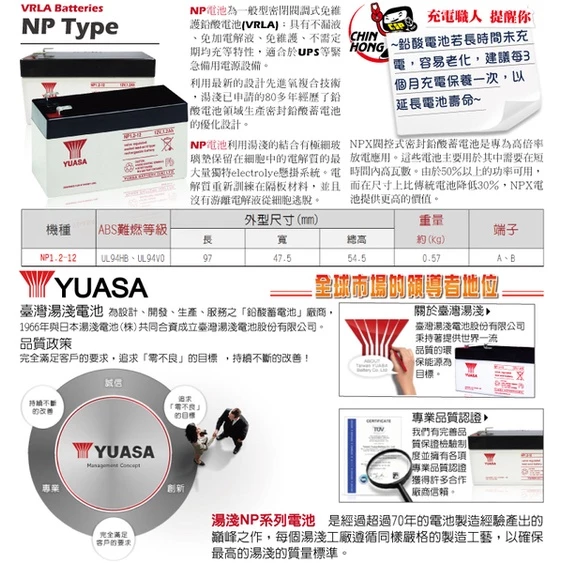 YUASA湯淺NP1.2-12閥調密閉式鉛酸電池 12V1.2AH 方向指示燈 逃生燈 受信總機、警報器、擴音機