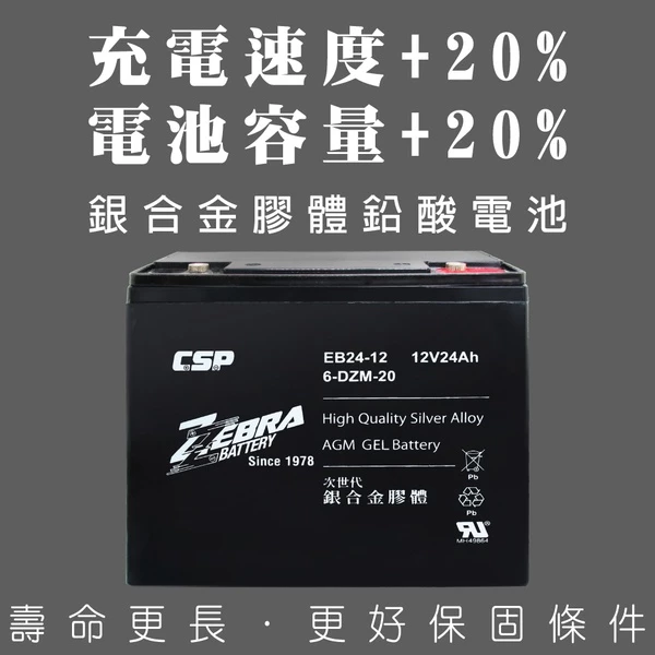 【ZEBRA斑馬】EB24-12 x4顆(箱) 銀合金膠體電池12V24Ah/等同6-DZM-20.電動車電池.REC2