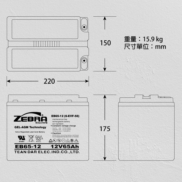 【ZEBRA斑馬】EB65-12 銀合金膠體電池12V65Ah電動車 電動機車 老人代步車 電動輪椅 更換電池 電池沒電