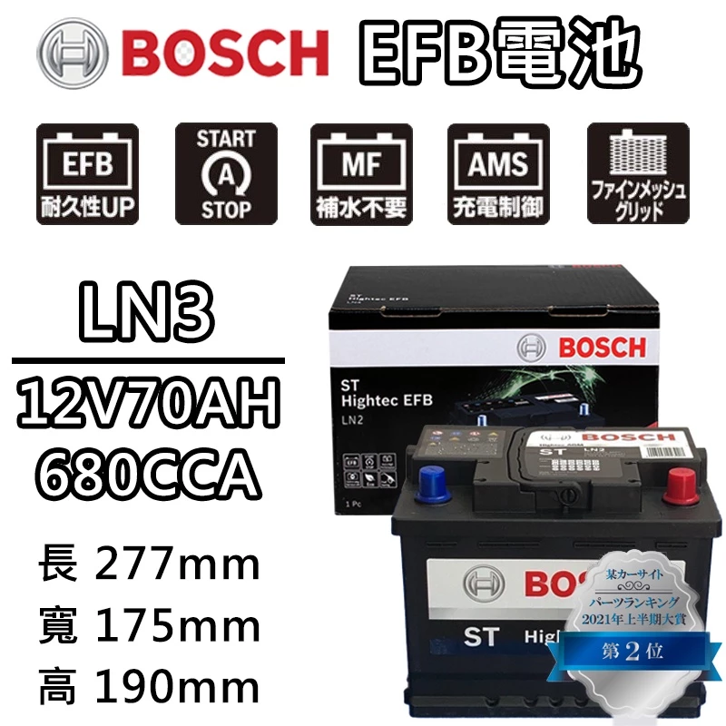 德國BOSCH博世 LN3 EFB 70AH 汽車電瓶 怠速熄火 油電車電池 寶獅 標緻 PEUGEOT 308