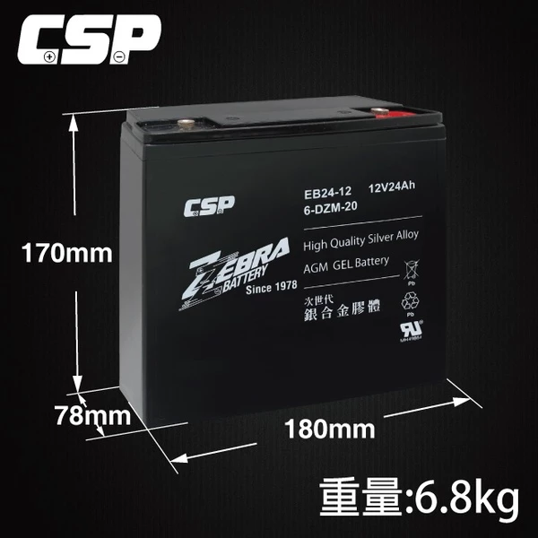 【ZEBRA斑馬】EB24-12 x4顆(箱) 銀合金膠體電池12V24Ah/等同6-DZM-20.電動車電池.REC2