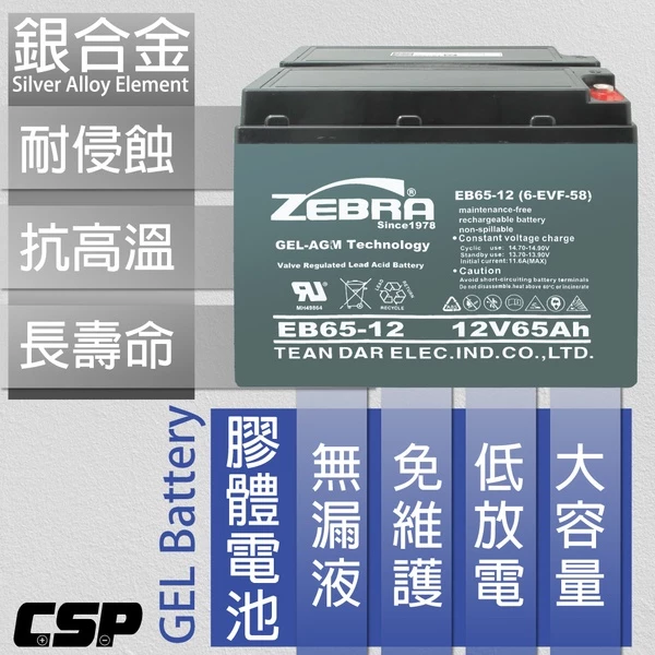 【ZEBRA斑馬】EB65-12 銀合金膠體電池12V65Ah電動車 電動機車 老人代步車 電動輪椅 更換電池 電池沒電