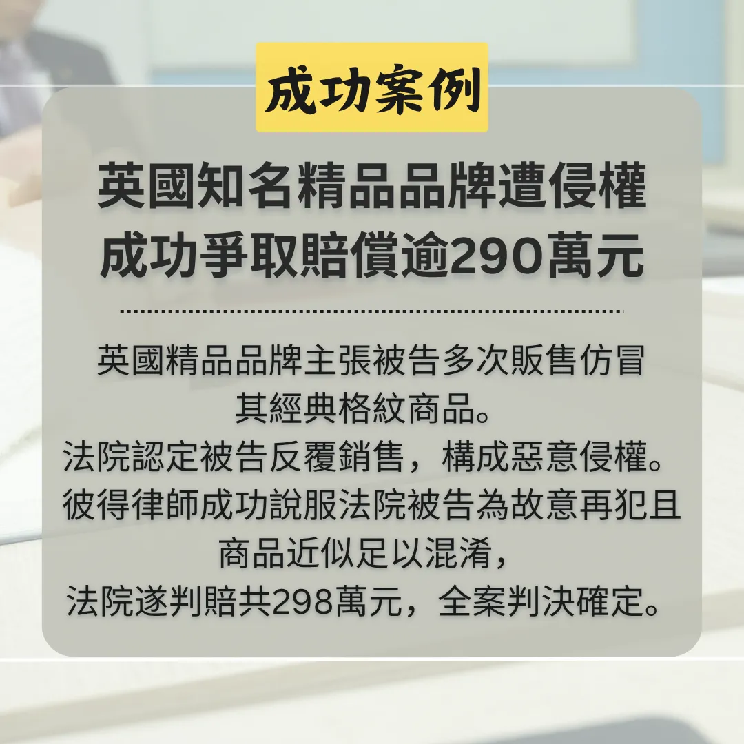 英國知名精品品牌經典格紋商標遭重複侵權，彼得律師成功爭取賠償逾290萬元，全案判決確定