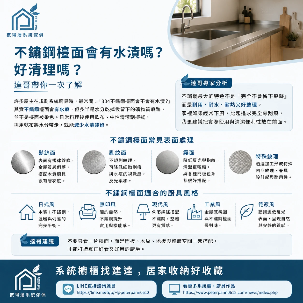 不鏽鋼檯面會有水漬嗎？好清理嗎？系統櫃專家達哥解析表面處理、優缺點與適合廚具風格