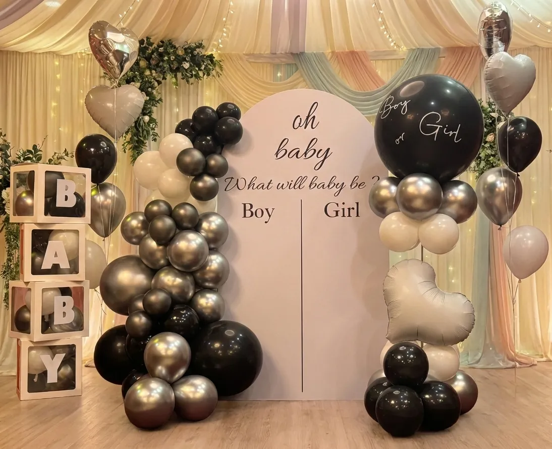【酷甜時尚】神祕黑銀性別揭曉氣球佈置｜個性派對｜歐美風格｜最酷寶寶宴