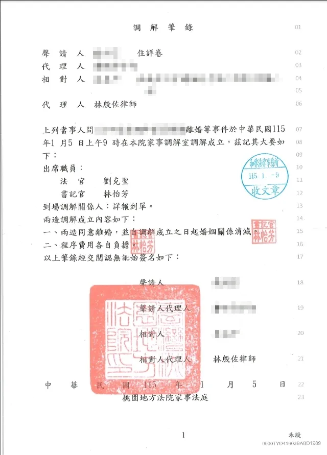 115年1月離婚案件調解成立