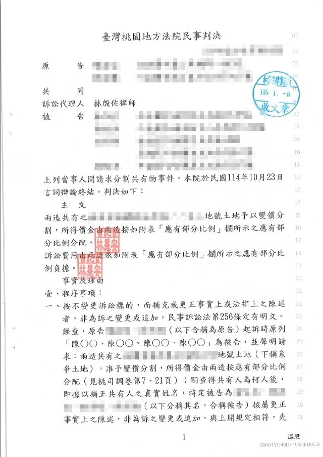 115年1月分割共有物案件勝訴