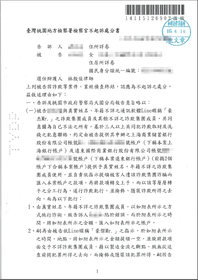 115年6月人頭帳戶案件獲得不起訴處分
