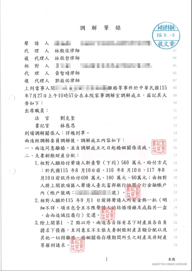 115年8月離婚案件和解並爭取560萬夫妻剩餘財產