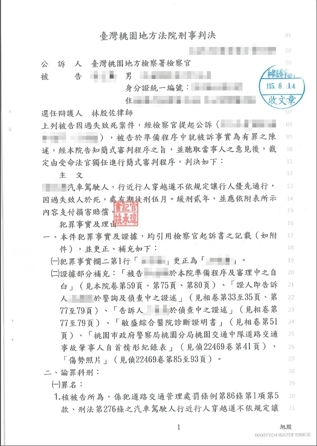 115年8月車禍致死案件獲得緩刑判決