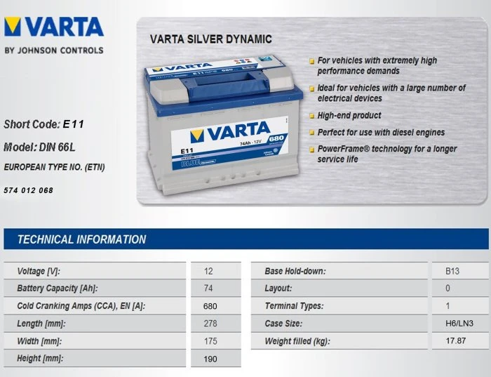 【高雄鋐瑞電池】德國華達 VARTA 汽車電池 ( E11 74AH ) 56638 57539 57114 GR40R