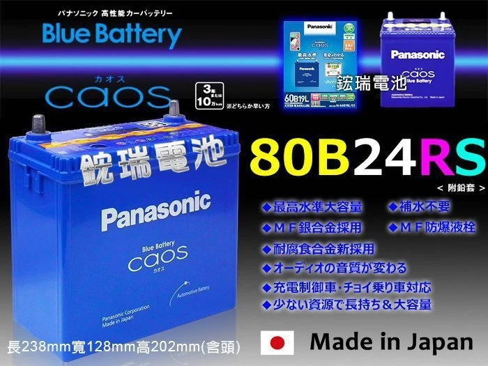 【鋐瑞汽車電池】日本原裝 國際牌 銀合金 80B24RS Panasonic 豐田 WISH 充電制御 VIOS