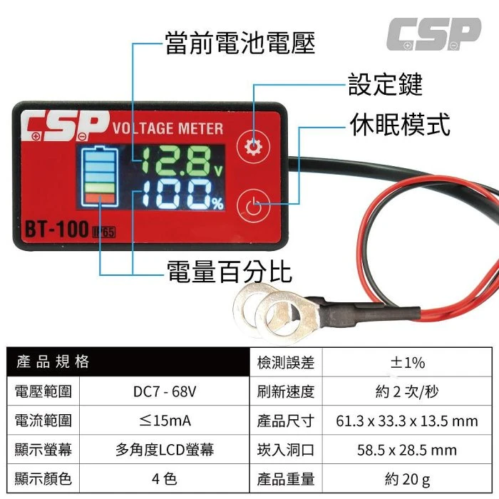 鋐瑞電池 2024 年最新款 電壓表 DC 7V ~ 68V 電壓電量顯示 電量百分比 彩色版本 帶線電壓表