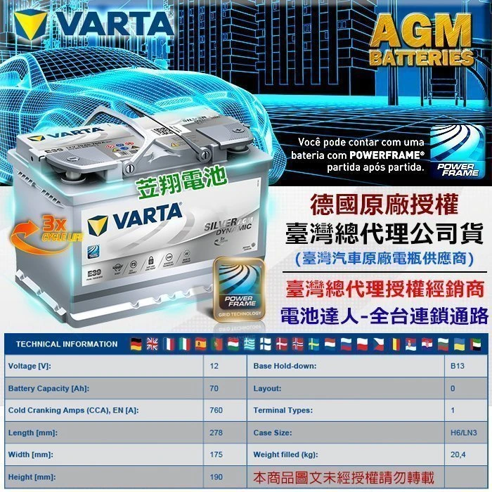 《鋐瑞電池》德國華達電池 VARTA E39 A7 AGM 12V-70AH GOLF 218 118 X1 V40 啟停系統