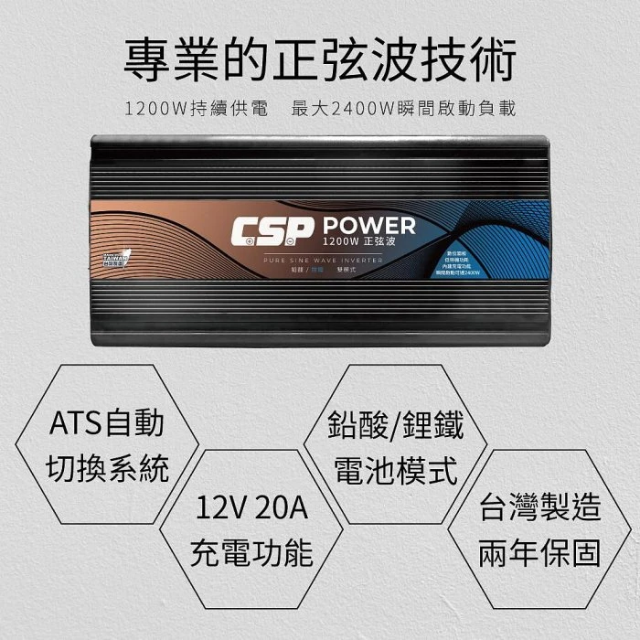 鋐瑞電池 ES-1200【CSP】 1200W DC12V轉AC110V 純正弦波 電源轉換器 (逆變器) 台灣製造