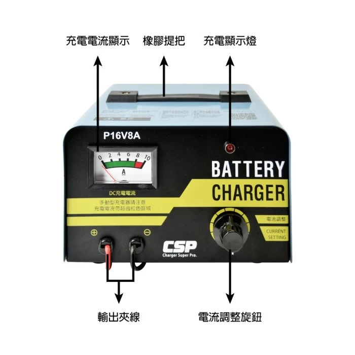 【鋐瑞電池】微調式充電器 P16V8A 電瓶充電器 電流無段調整 汽機車可用 堅固耐用 可充 100D26L Q100