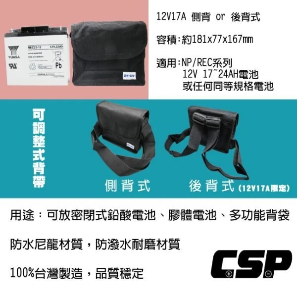 【鋐瑞電池】12V12AH電池背袋 14AH電池袋 側背袋 後背袋 背肩袋 防水尼龍材質(適用:12A~15A電池)