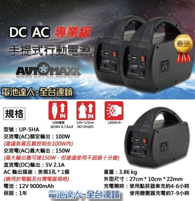 【出清品】福利品戶外用電 110V電源 露營休閒 停電 UP-5HA 行動電源 街頭藝人 戶外教學 USB充電 照明燈