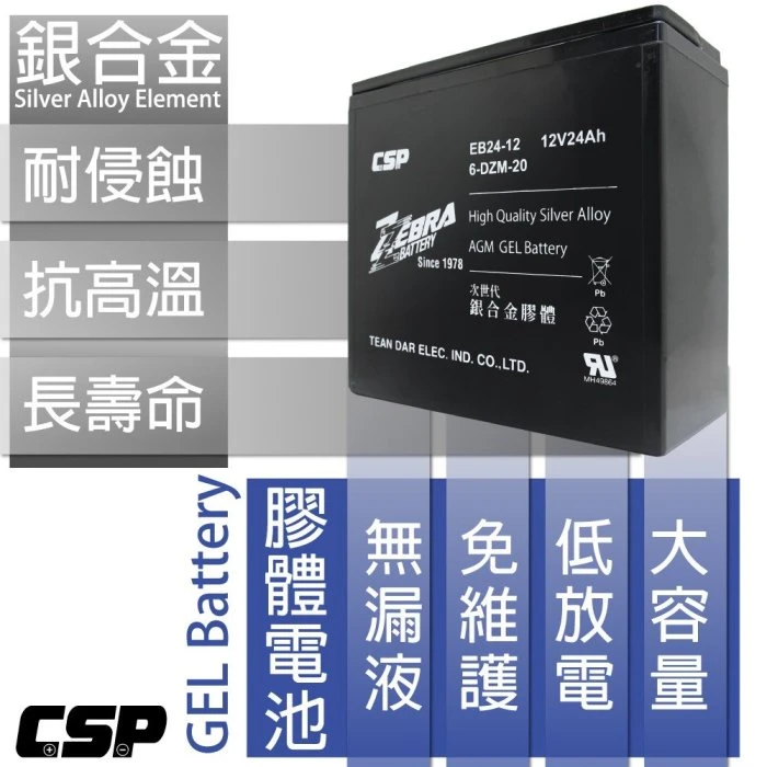{鋐瑞電池} 斑馬牌 EB24-12 銀合金 膠體電池12V24Ah/等同6-DZM-20.電動車電池.REC22-12