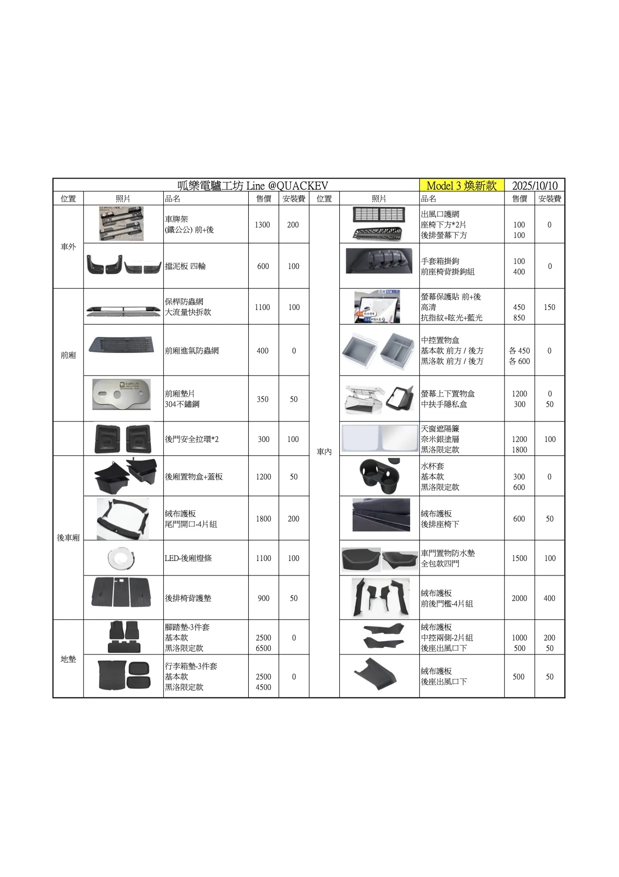 價目總表-MODEL 3 煥新版