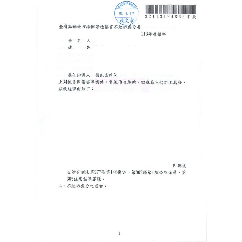 傷害、公然侮辱、恐嚇等案件