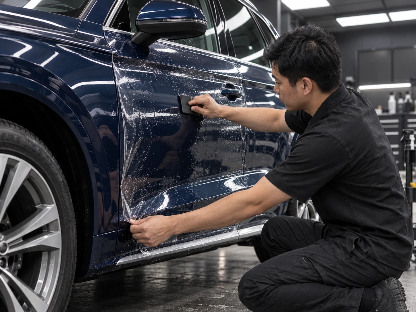 NX 專業車漆保護膜施工,以刮板平穩壓貼透明膜材