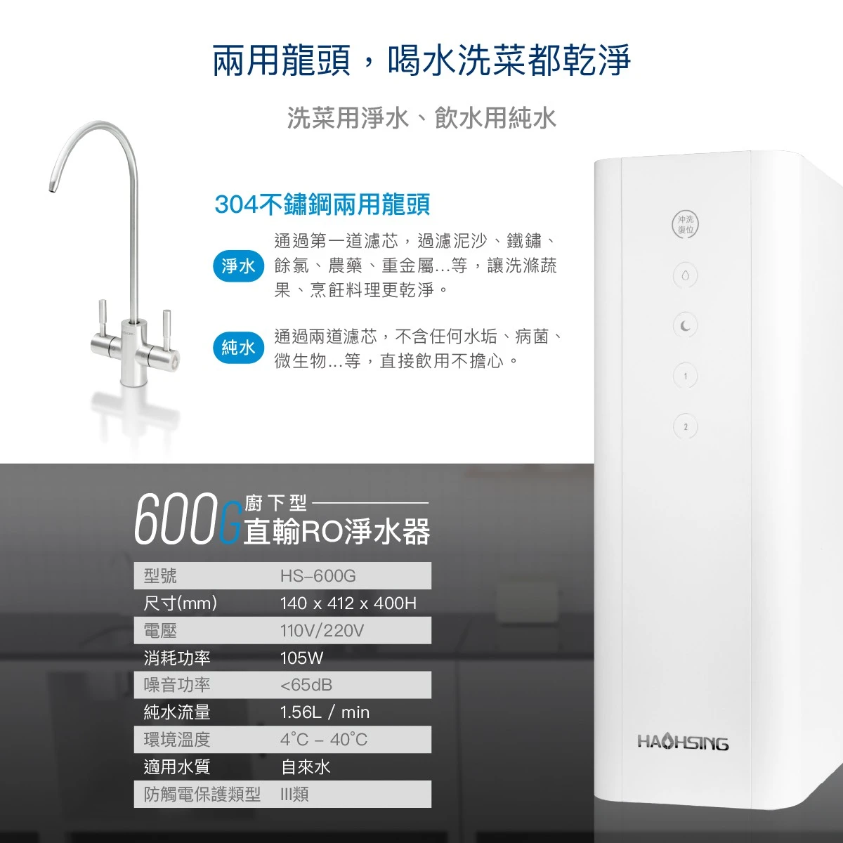 【HAOHSING 豪星】600G廚下型直輸RO淨水器