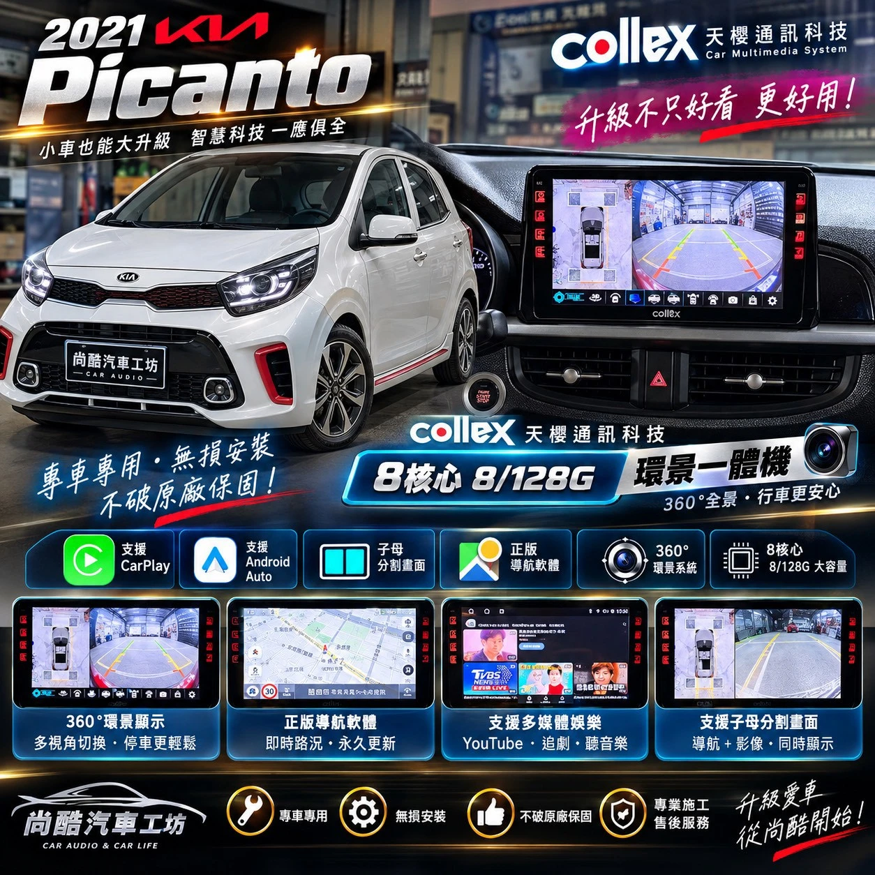 2021 KIA Picanto Collex天櫻通訊科技 8核心 8/128 環景一體機