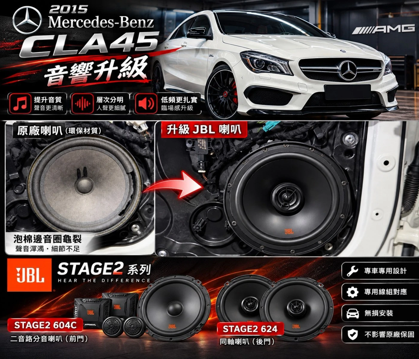 2016 BENZ CLA45 原廠喇叭環保材質 音圈龜裂更換 全車JBL音響升級