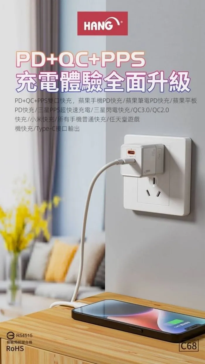 C68雙C口(摺疊)40W 氮化鎵(PD+QC+PPS) 頭+CtoL線