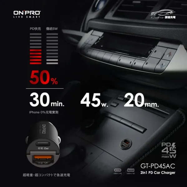 ONPRO-45W PD+QC 鋁合金MINI車充頭 (BSMI)