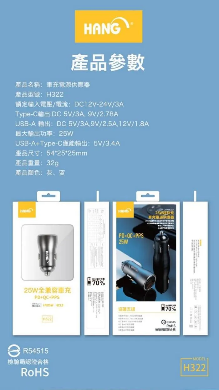 HANG- H322 PD+QC 超快充 25W車充