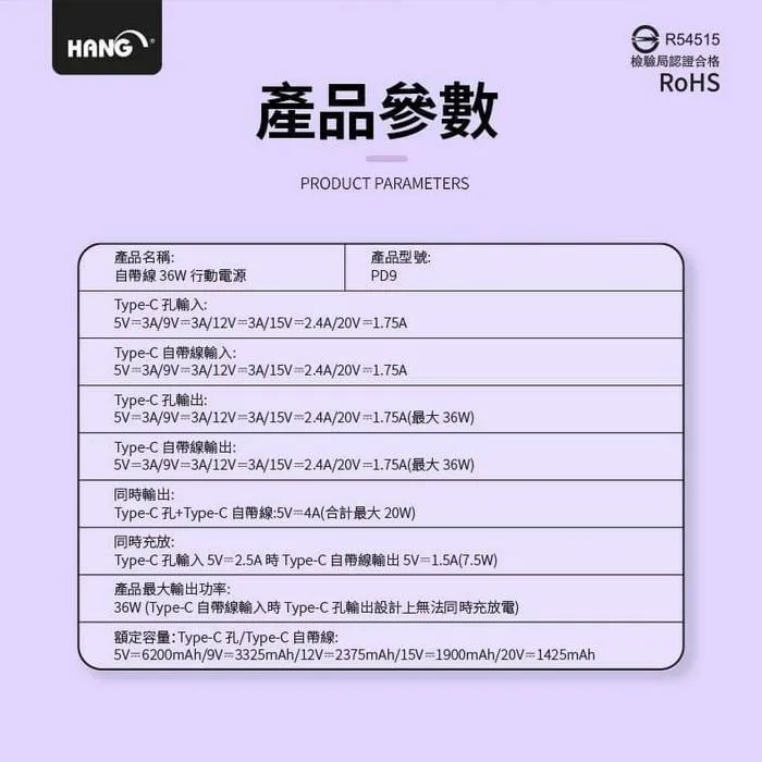 HANG-PD9-36W(自帶TC線)行動電源