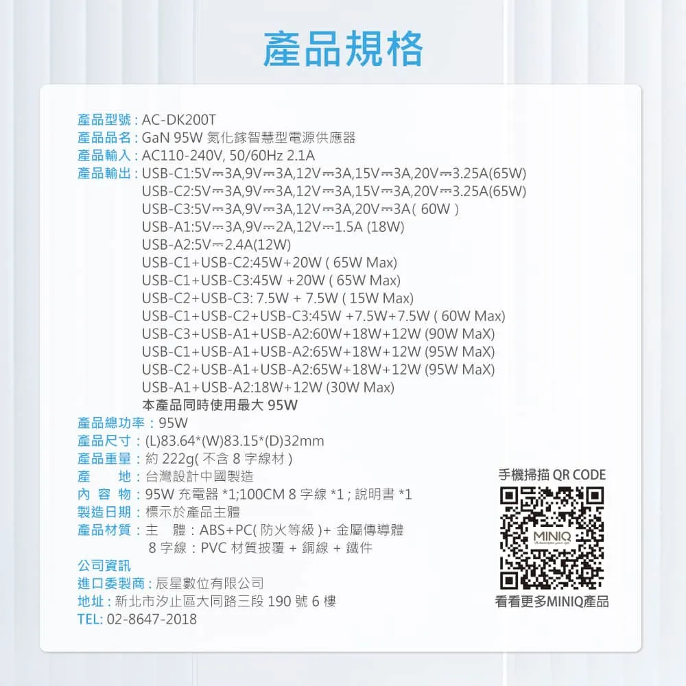 MINIQ DK200T 95W 五合一 氮化鎵 電源供應器