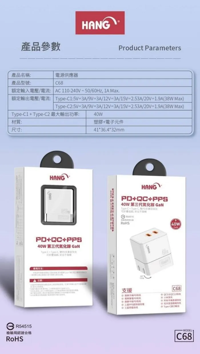 (PD+QC+PPS) C68 雙C口(摺疊)40W 氮化鎵 快速閃充電器(H